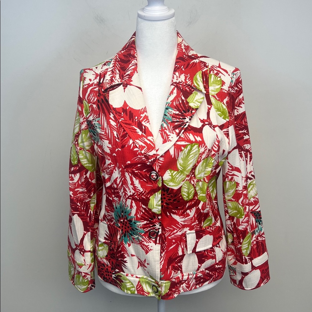 RQT Red Green Teal White Chic Summer Tropical Floral Blazer Jacket size 14